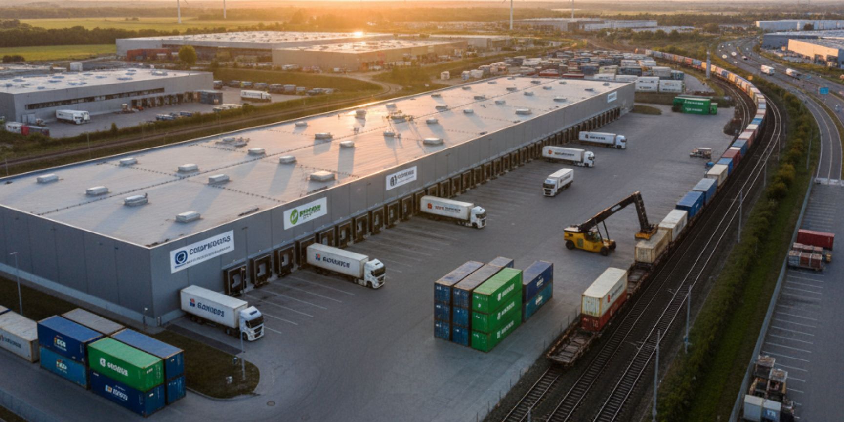 Drone view of a modern logistics center with truck docks and container storage, directly adjacent to a railway line on which a grab unloads containers from a freight train, illustrates intermodal logistics real estate.